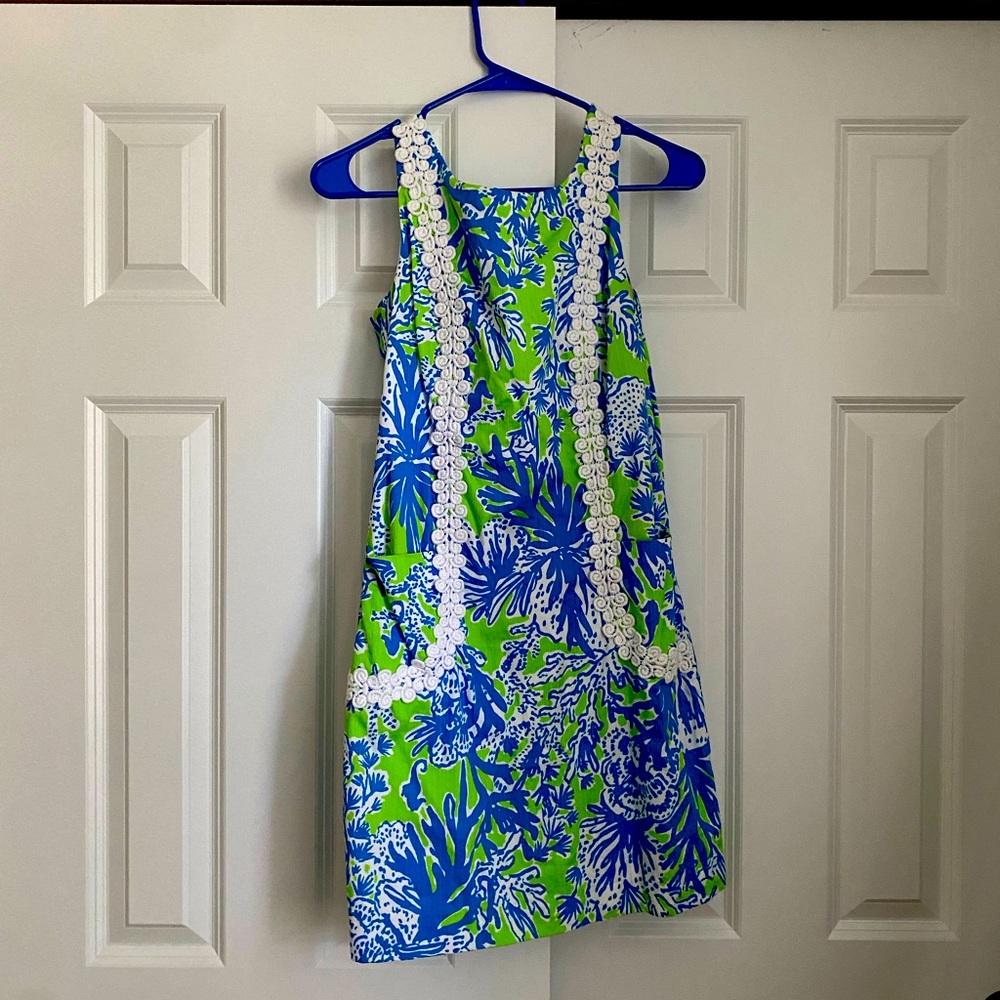 Lily Pulitzer Seahorse Coral Pockets Shift Dress Blue Green RARE Size 4 Lined